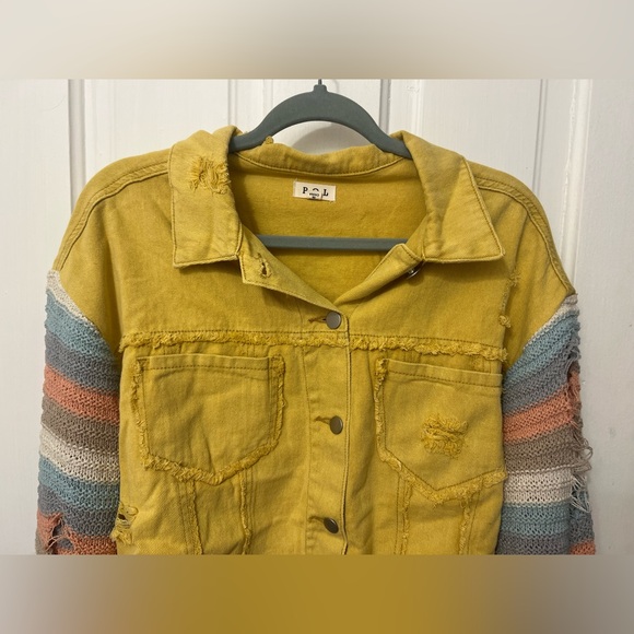 POL Crochet Knit Sleeve Cropped Yellow Denim Jacket - Picture 2 of 8
